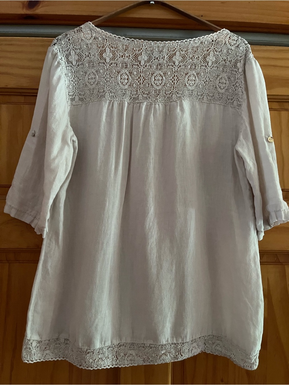Italian Linen Lina Tomei Crochet Lace-Trim Top in Light Natural Beige - Picture 2 of 9
